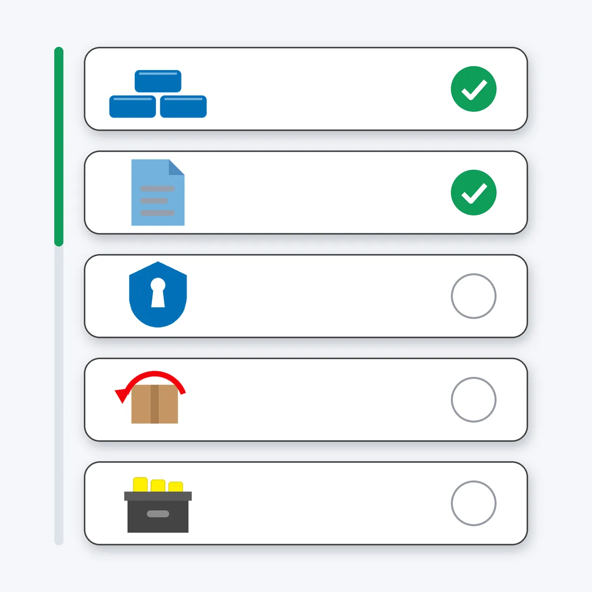 Five rounded checklist tiles with simple abstract icons, the first two ticked in green, three to go