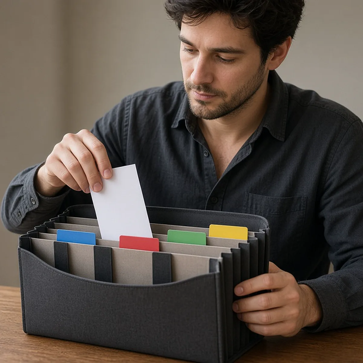 A man slots a receipt behind a coloured tab inside an expanding accordion file at his desk