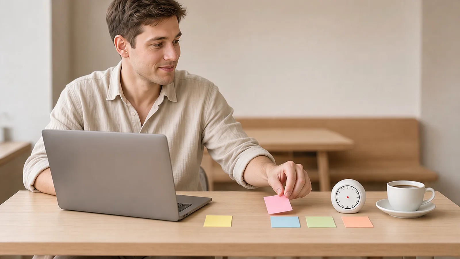 Man at a cafe table beside a laptop lifting one blank pink sticky note from a row of five, with a small timer and coffee