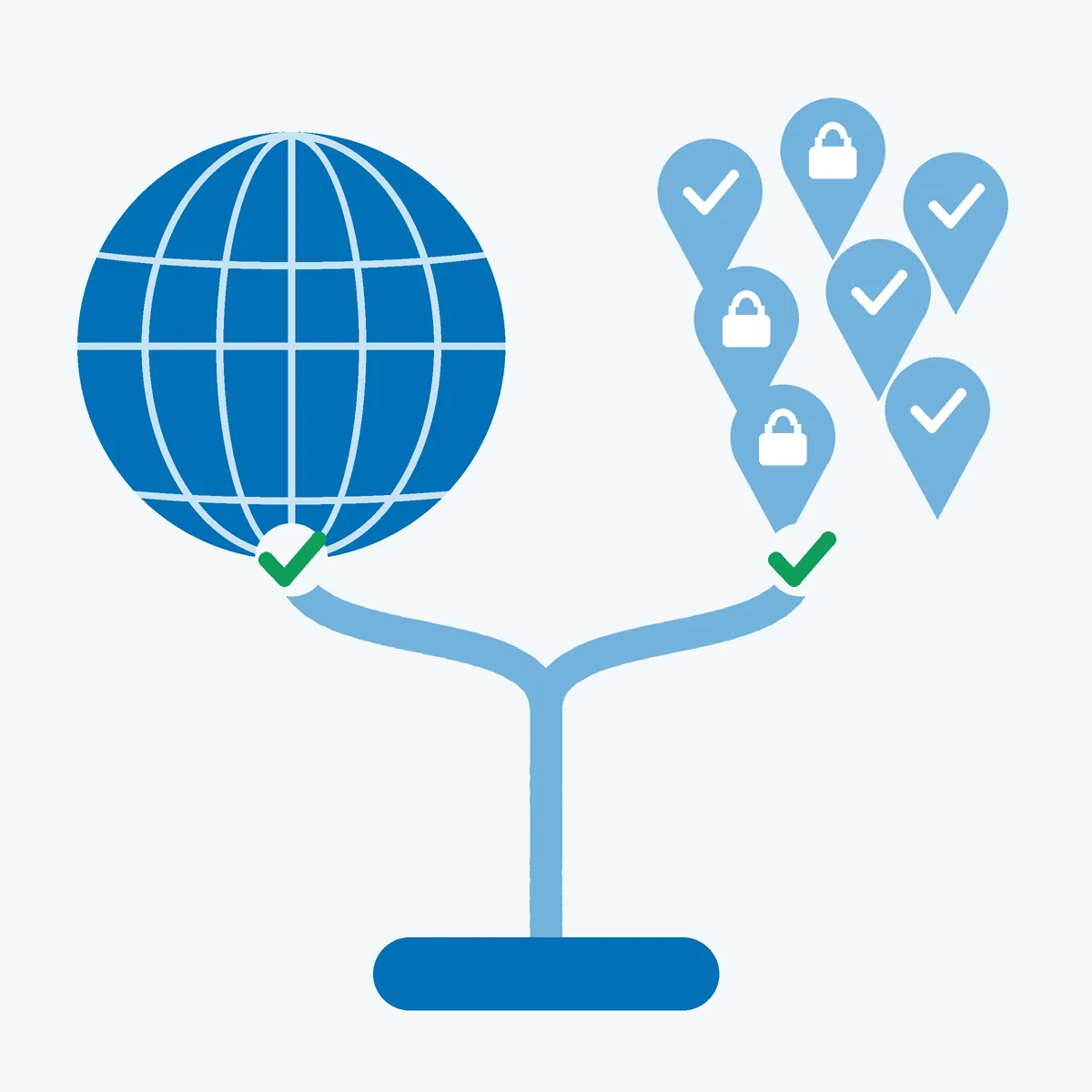 Path splitting toward an abstract globe on one side and a cluster of map pins with ticks and padlocks on the other