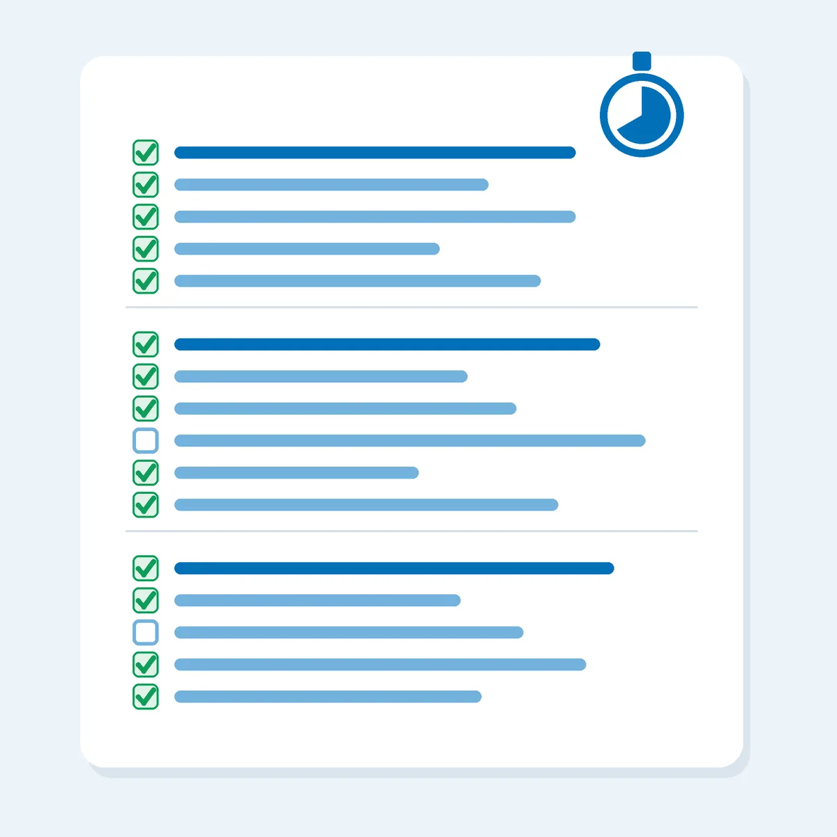 Abstract checklist card in blue with three groups of ticked boxes and a round timer shape two-thirds filled