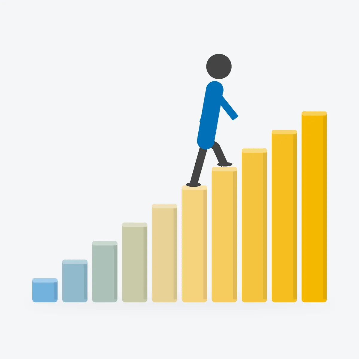 Simple figure climbing ten blank blocks that rise in height and shift from cool blue to warm gold