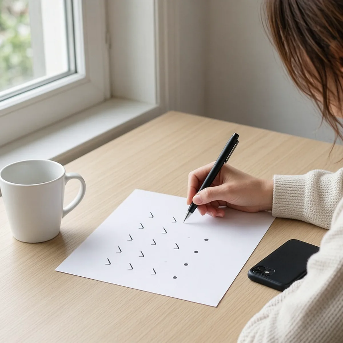 Over-the-shoulder view of a woman ticking marks on a paper tally sheet beside a mug and a face-down phone