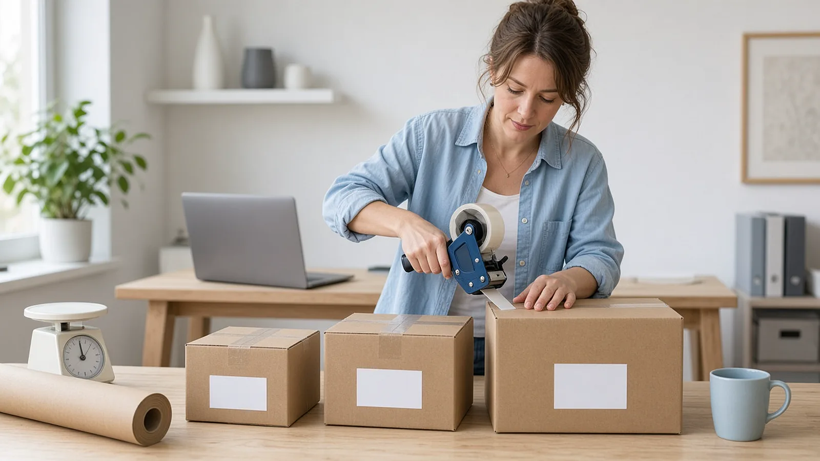 Woman taping the last of three blank-labelled parcels at a packing table beside a laptop, kraft paper and scales