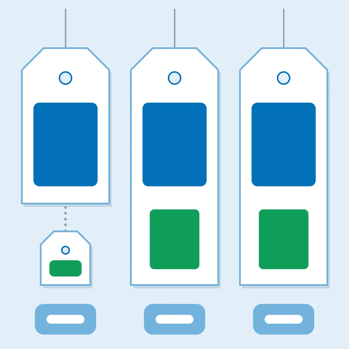 Three abstract price tags, one with a separate tax tag hanging below and two with the tax block built in
