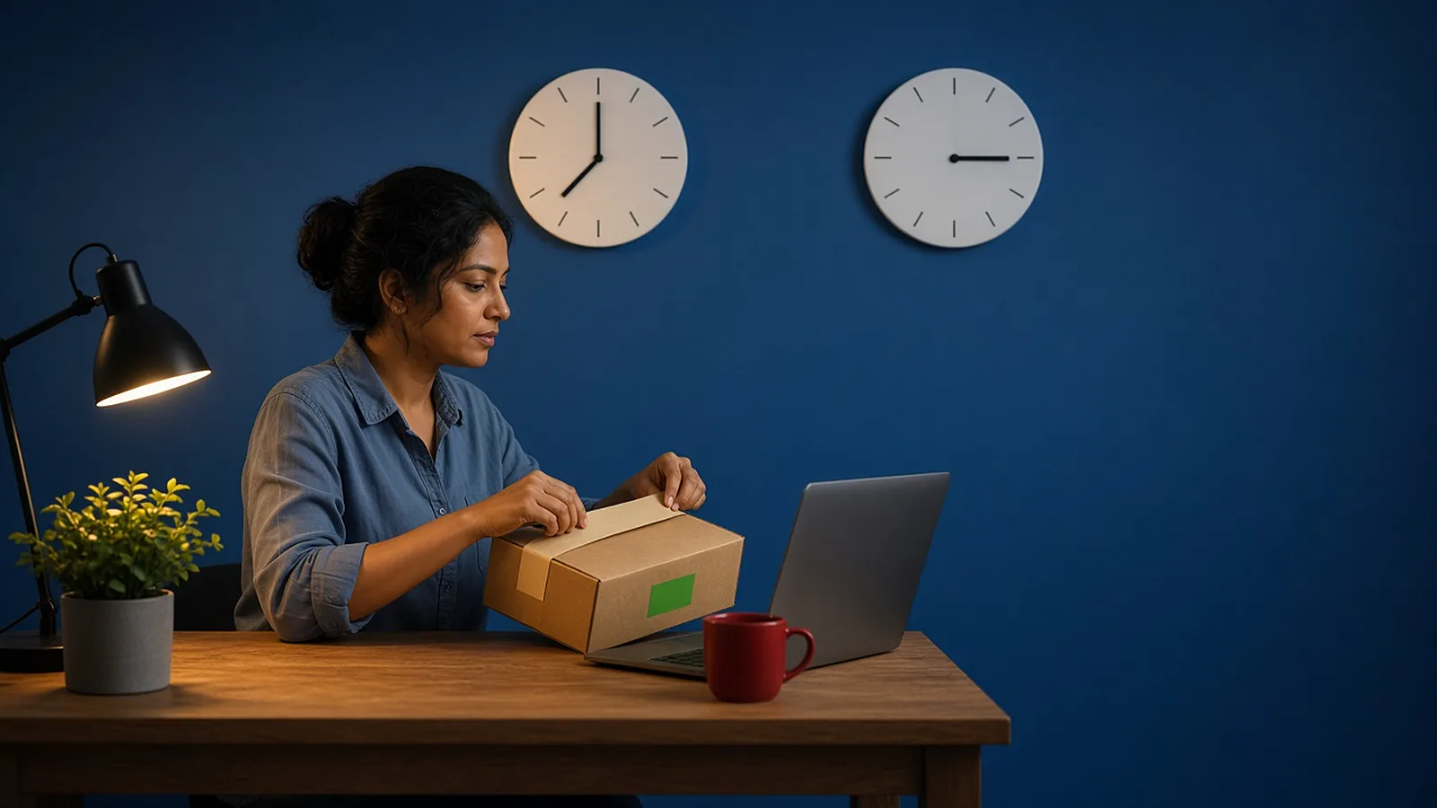 A woman seals a parcel at her desk beneath two wall clocks set to different times