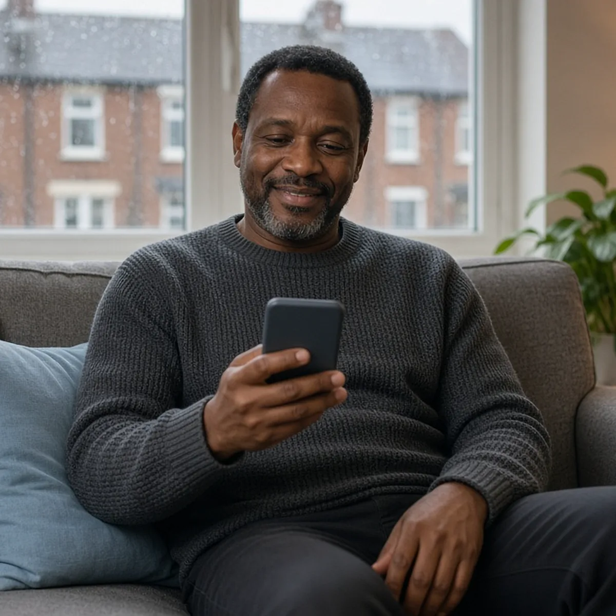 A man on a sofa smiles as he checks out on his phone, rain on the window behind