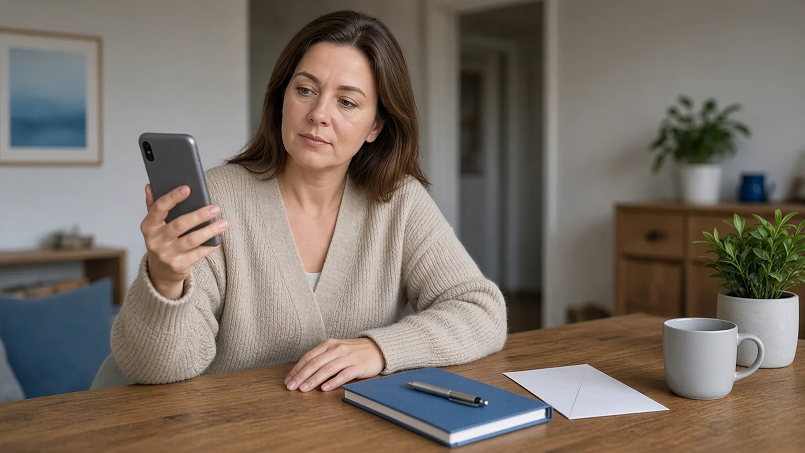 Woman at a home desk looking thoughtfully at her phone, with a face-down envelope and closed notebook beside her