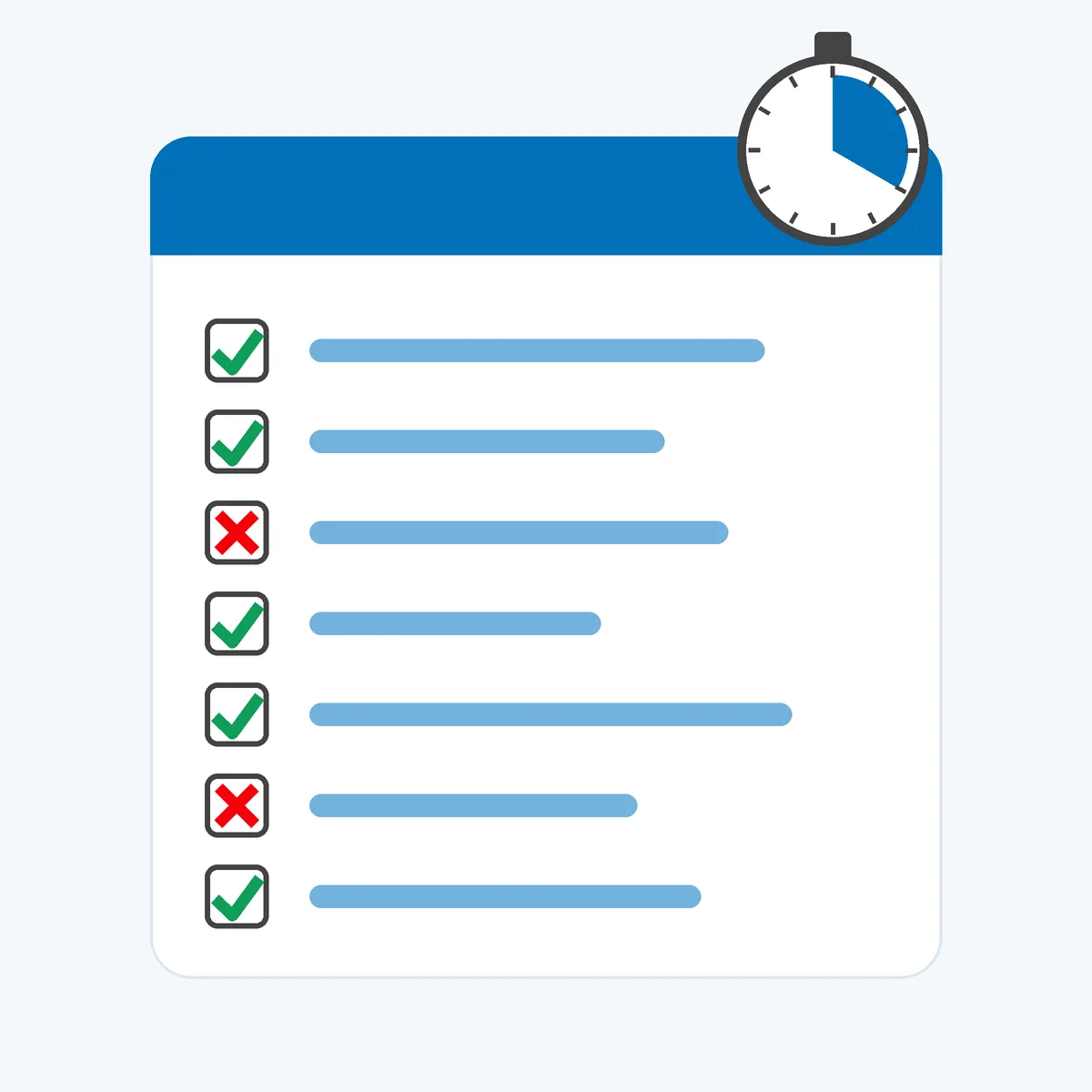 Abstract checklist card with seven rows, five green ticks and two red crosses, beside a simple stopwatch shape