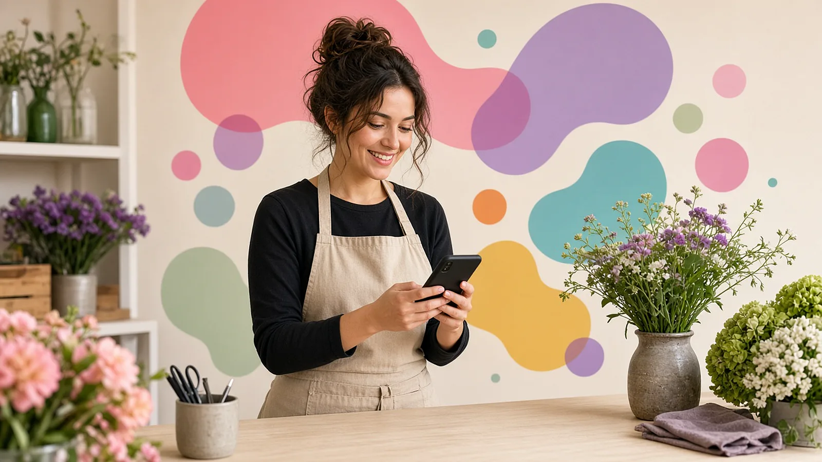 A florist in an apron smiles as she replies to a customer message on her phone