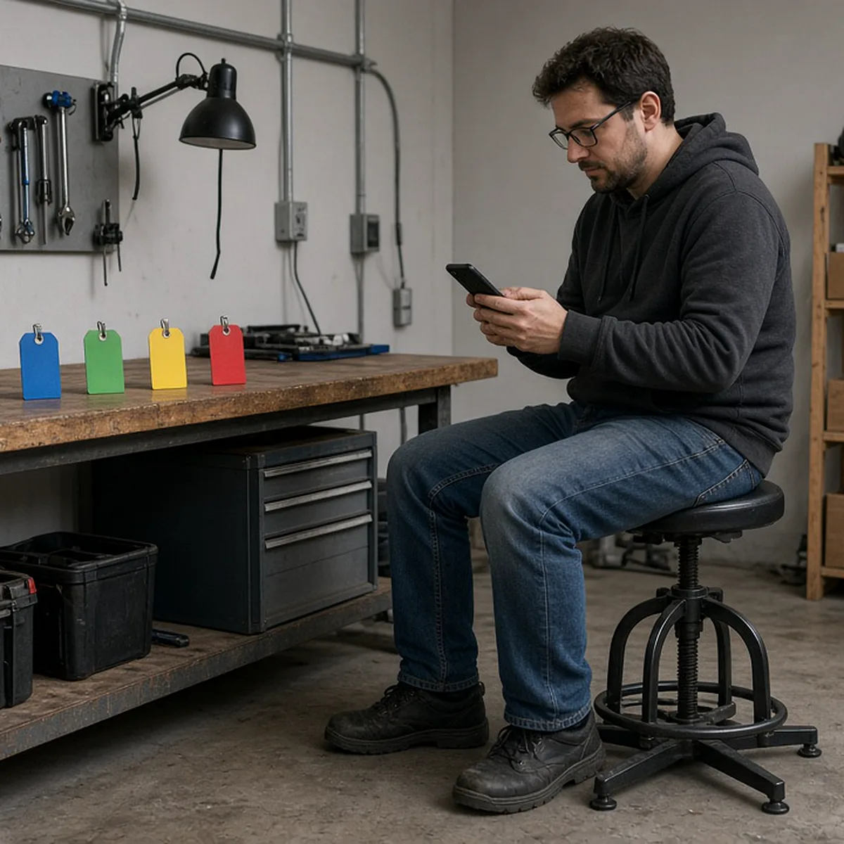 A man on a workshop stool checks messages on his phone beside four coloured tags on the bench