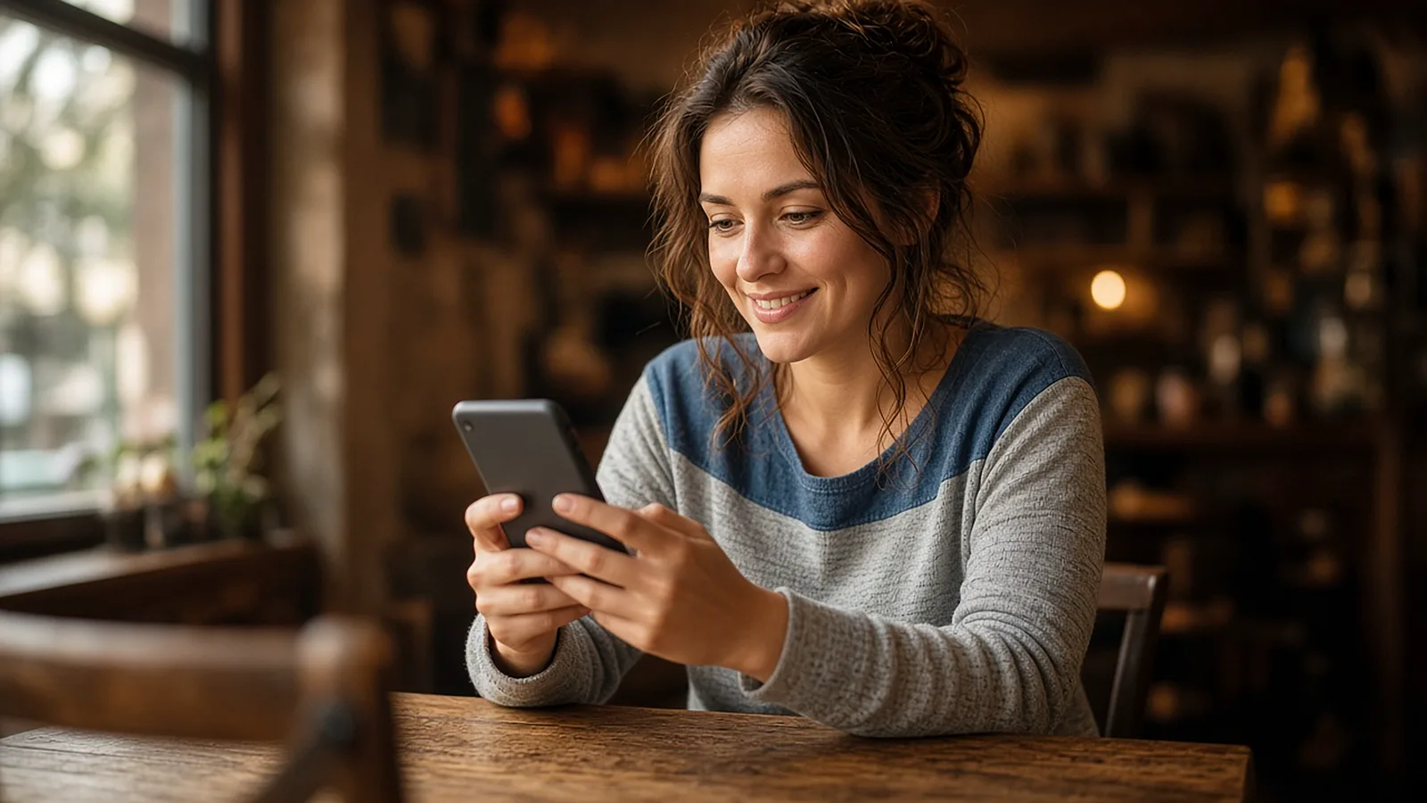 A woman at a café table holding a phone with the back facing the viewer.