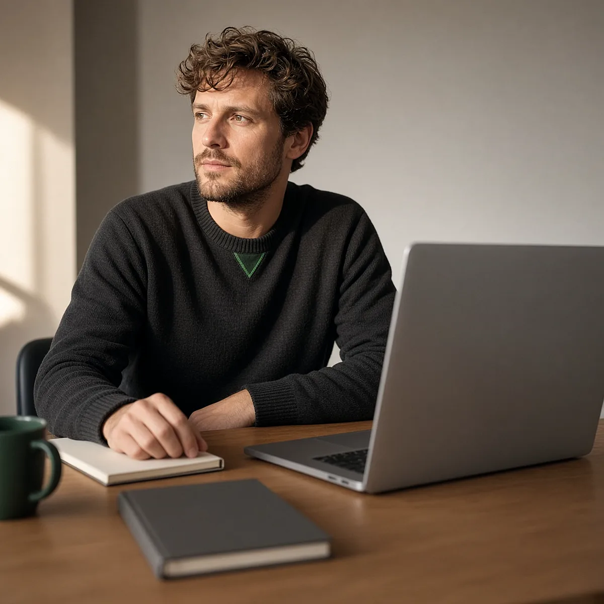 A man at a desk with a closed notebook and a laptop lid facing him.