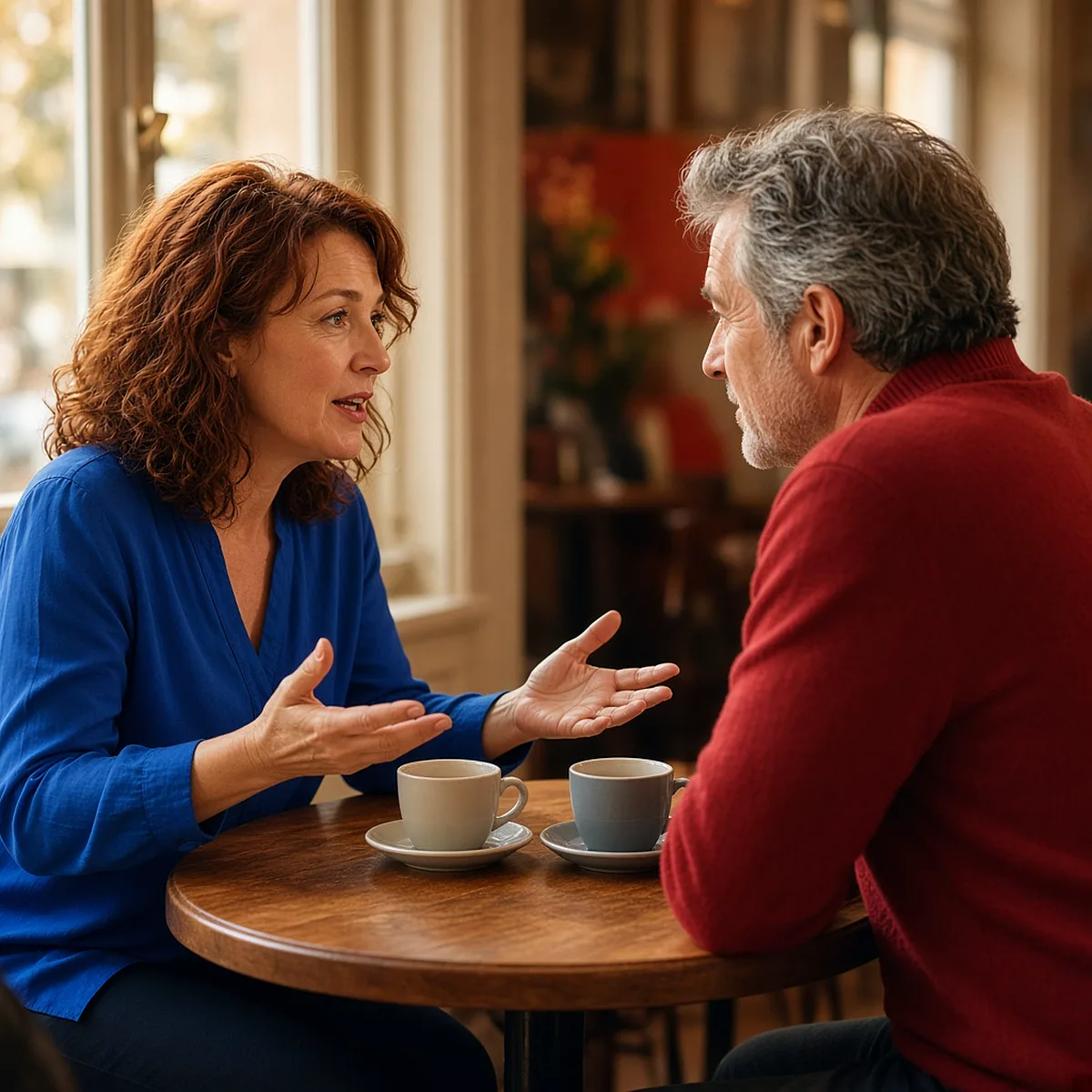 Two people talking across a small table with empty coffee cups.