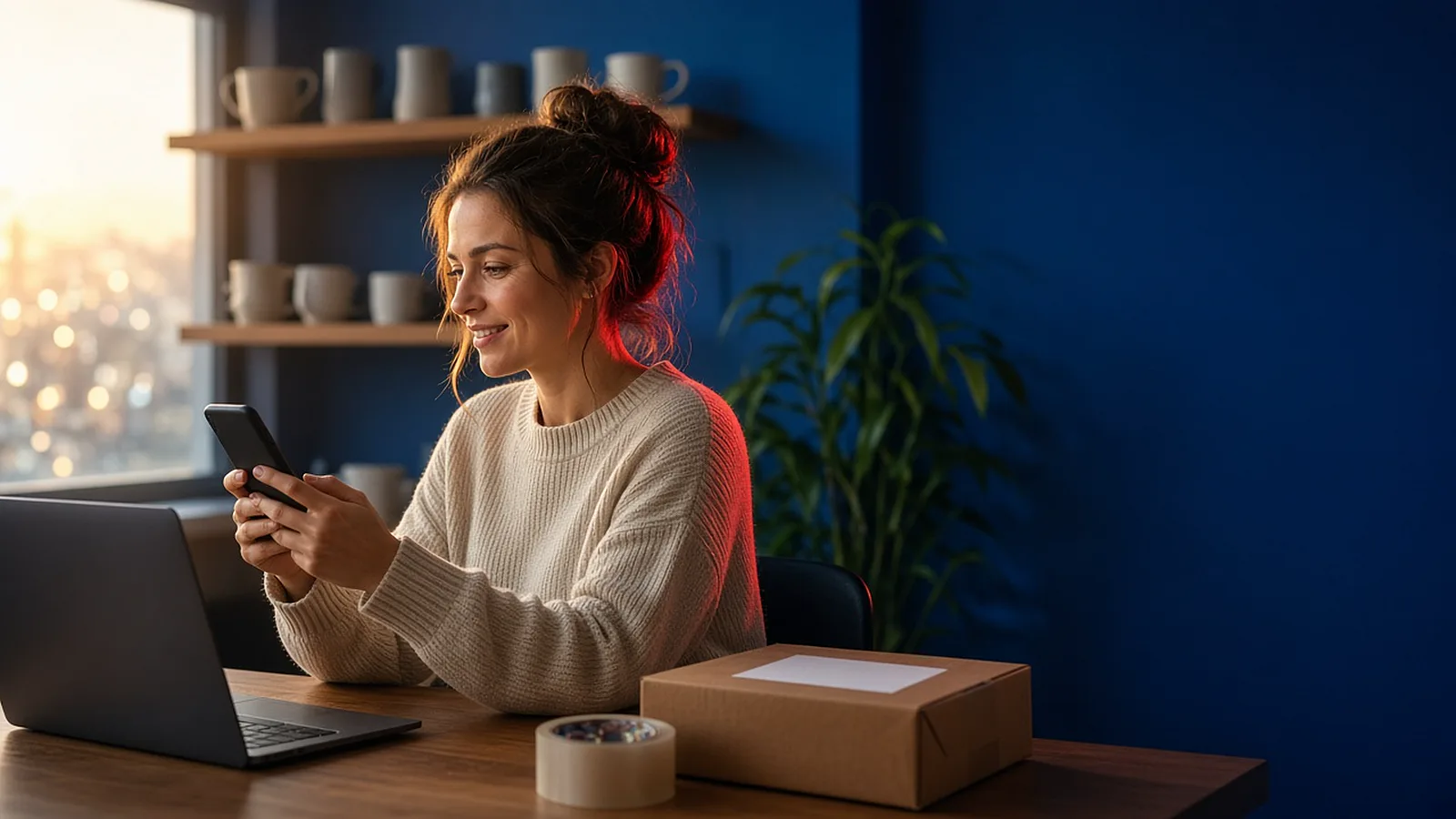 A woman at a home desk smiles at her phone while a sealed brown parcel waits beside her laptop