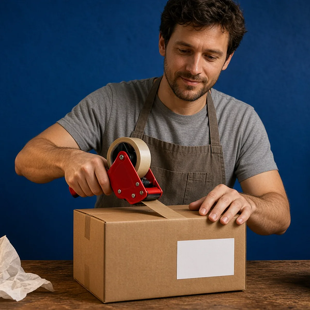 A man in an apron seals a plain brown parcel with a red tape gun at a home packing table